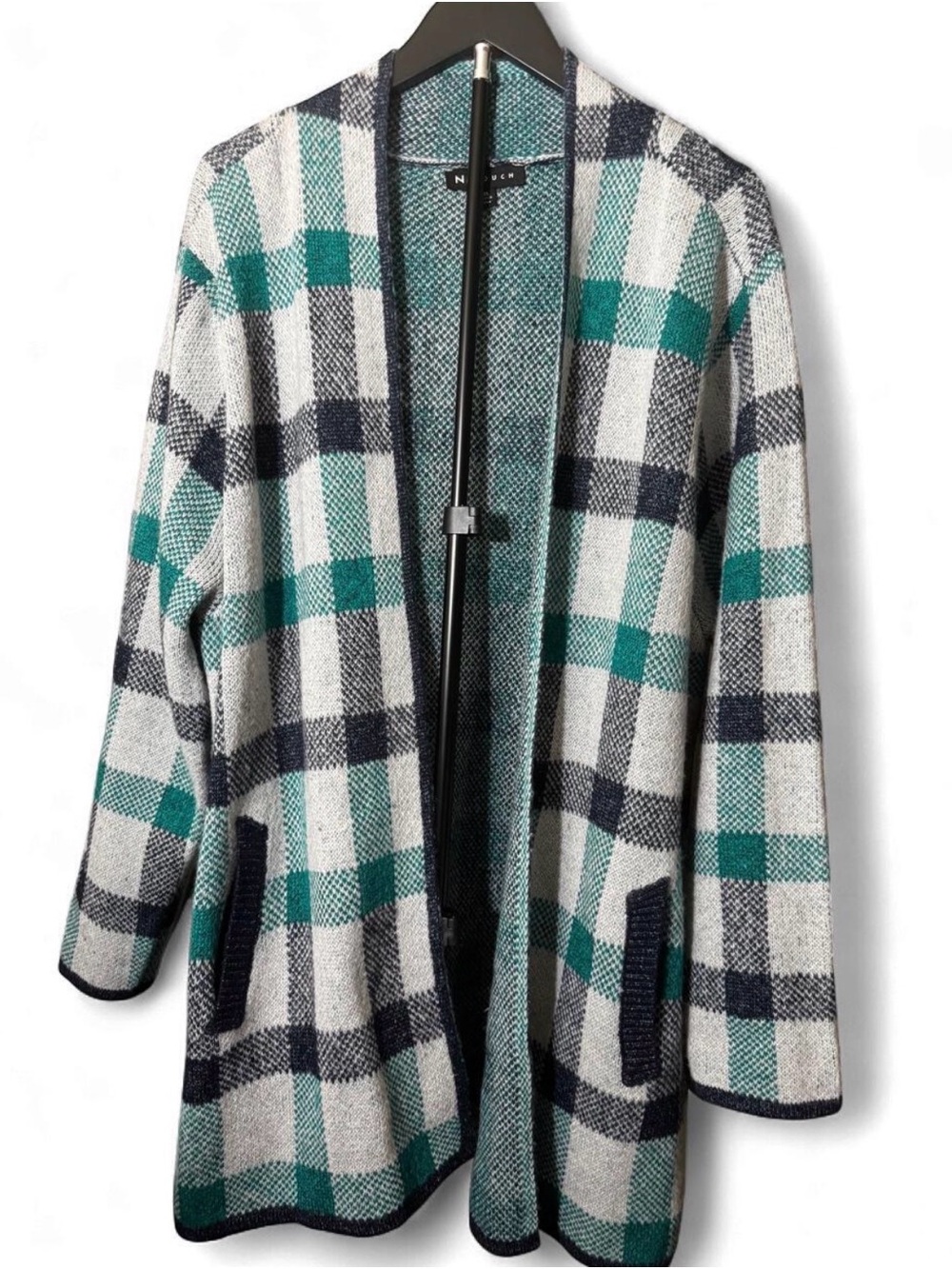 IN TOUCH Open-Front Plaid Knit Cardigan - Teal, Navy & White